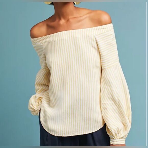 Anthropologie Tops - Anthropologie Maeve Striped Off The Shoulder Top Balloon Sleeves US 6